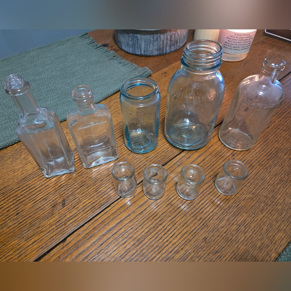Vintage Clear and Blue Glass Bottles. One Is Antque Listerine Bottle. See Pics.